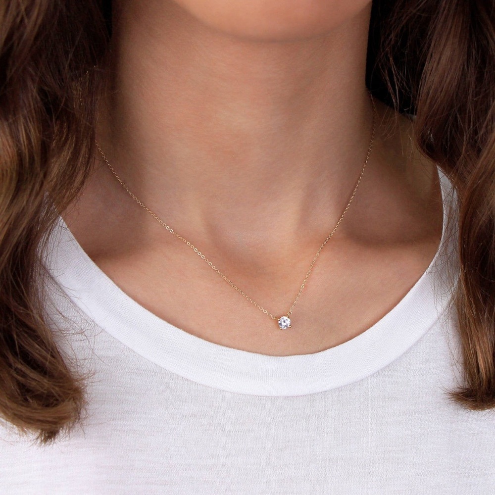 Round Solitaire CZ Diamond and Gold Necklace 18"
